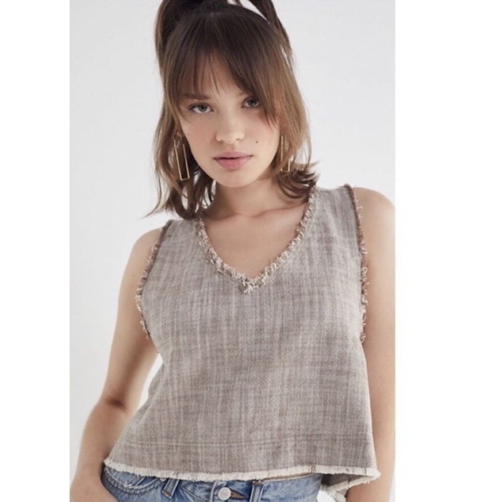 Urban Outfitters Crop Fringe Detail Linen Cotton Women XS Sable Sleeveless Top - Picture 1 of 10